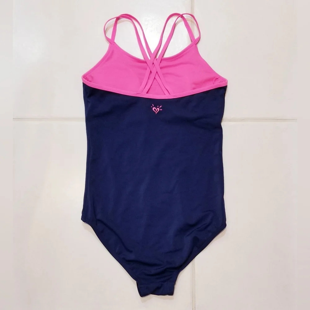 Justice Girls Navy 1pc Swimsuit with Reversible Rainbow Sequin LOVE Detail Sz 14